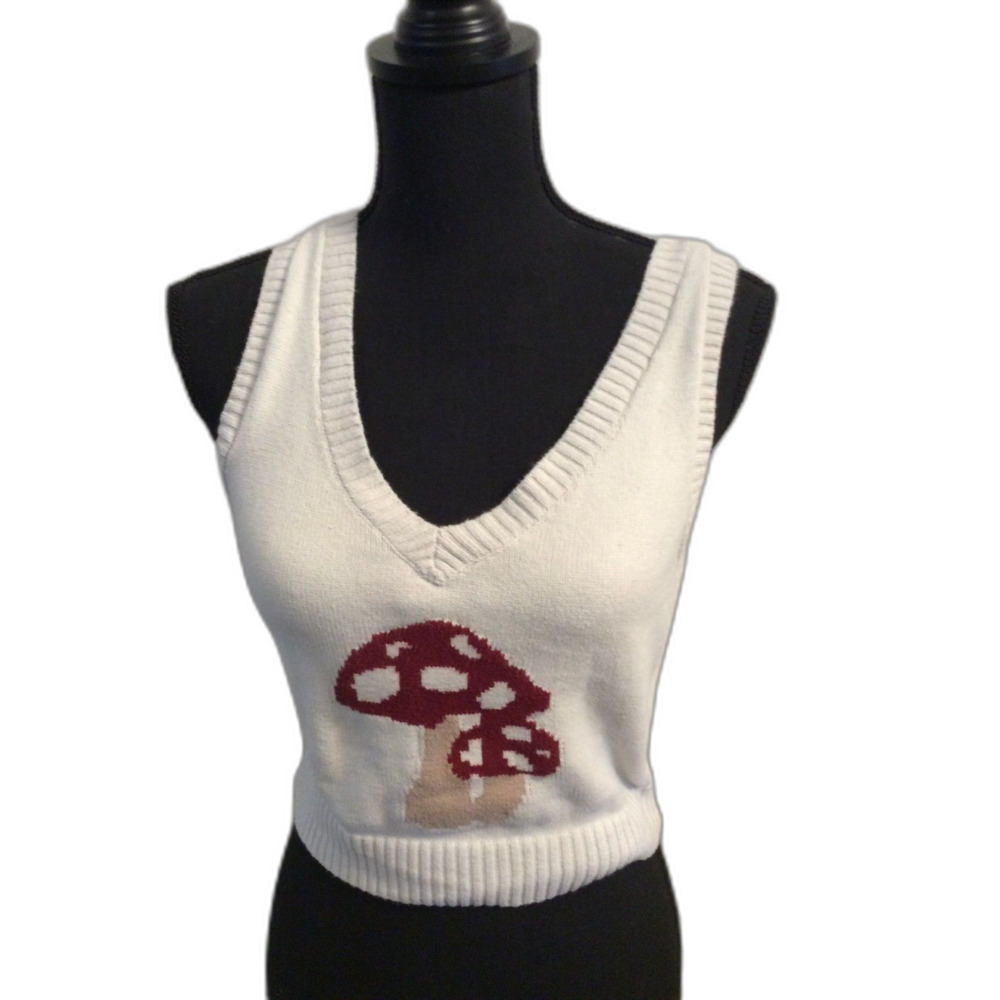 Hollister Cotton Crop Sweater Vest Mushrooms CUTE Size Small S